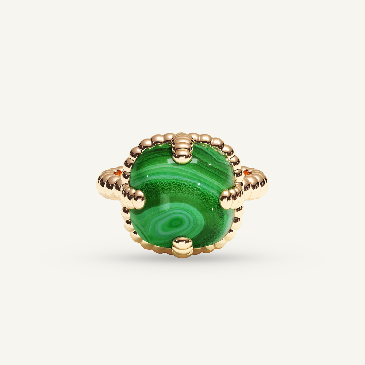 Molekules ring in rose gold with cushion-shaped malachite, front view