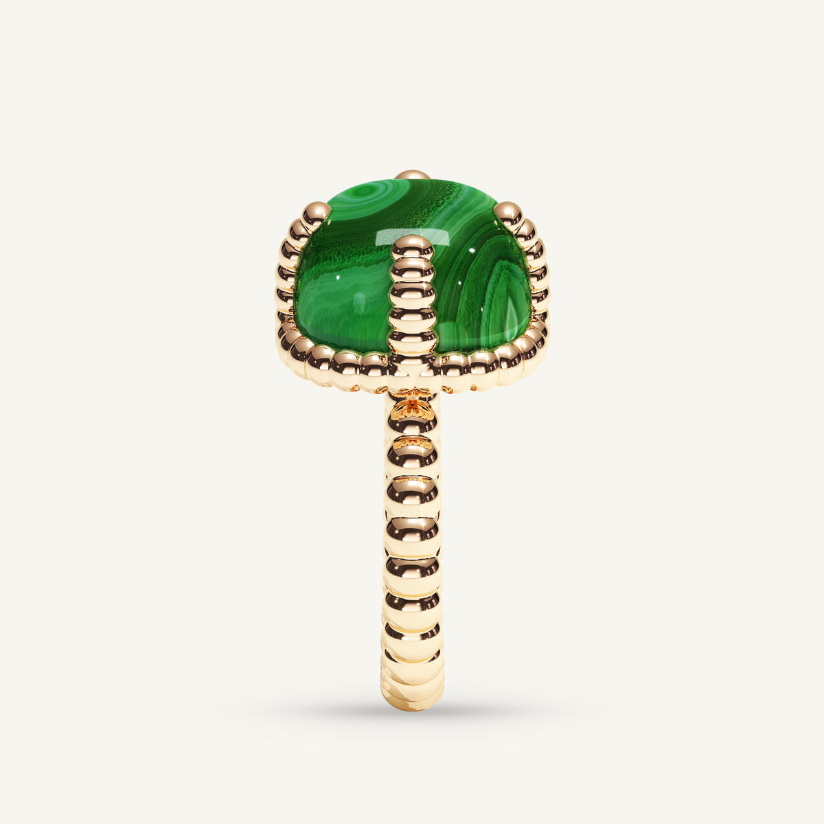 Molekules ring in rose gold with cushion-shaped malachite, side view
