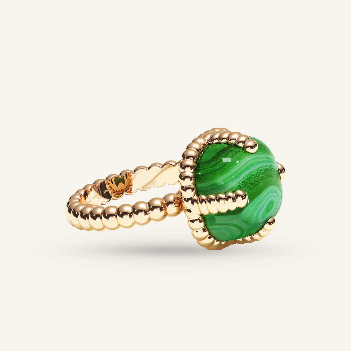 Molekules ring in rose gold with cushion-shaped malachite, three quarter view