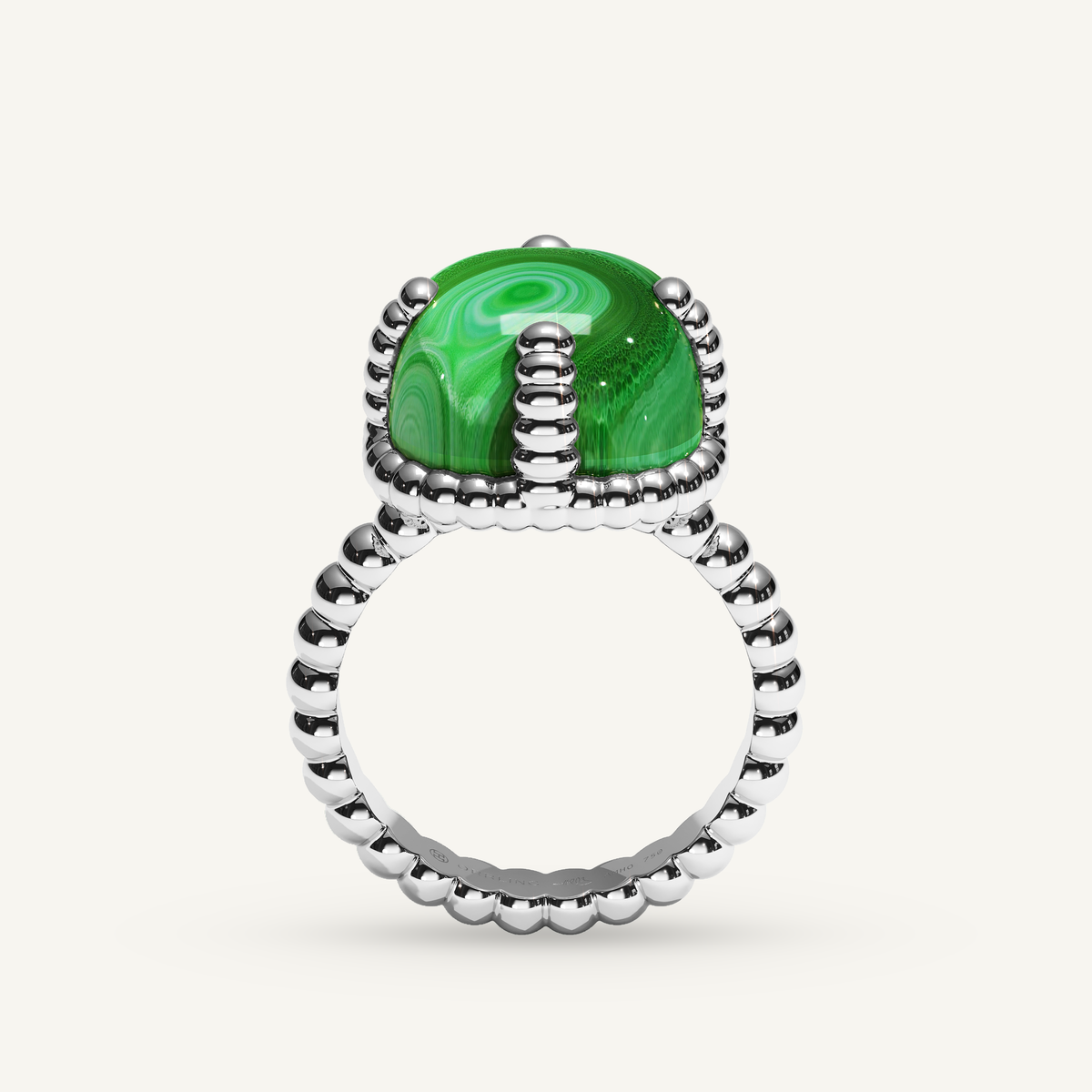 Molekules ring in white gold with cushion-shaped malachite, back view