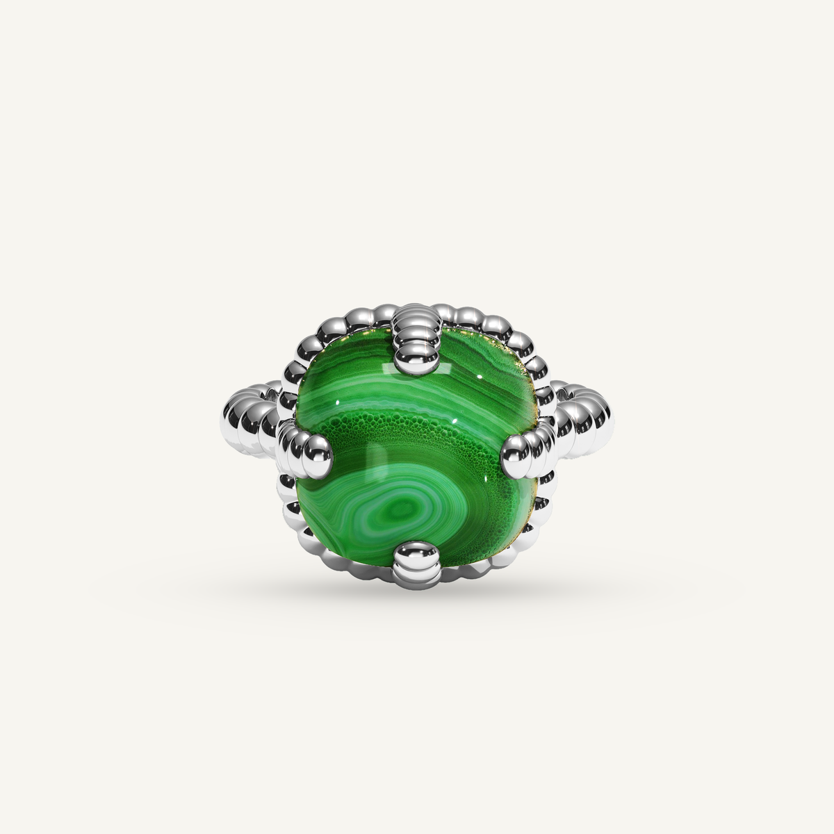 Molekules ring in white gold with cushion-shaped malachite, front view