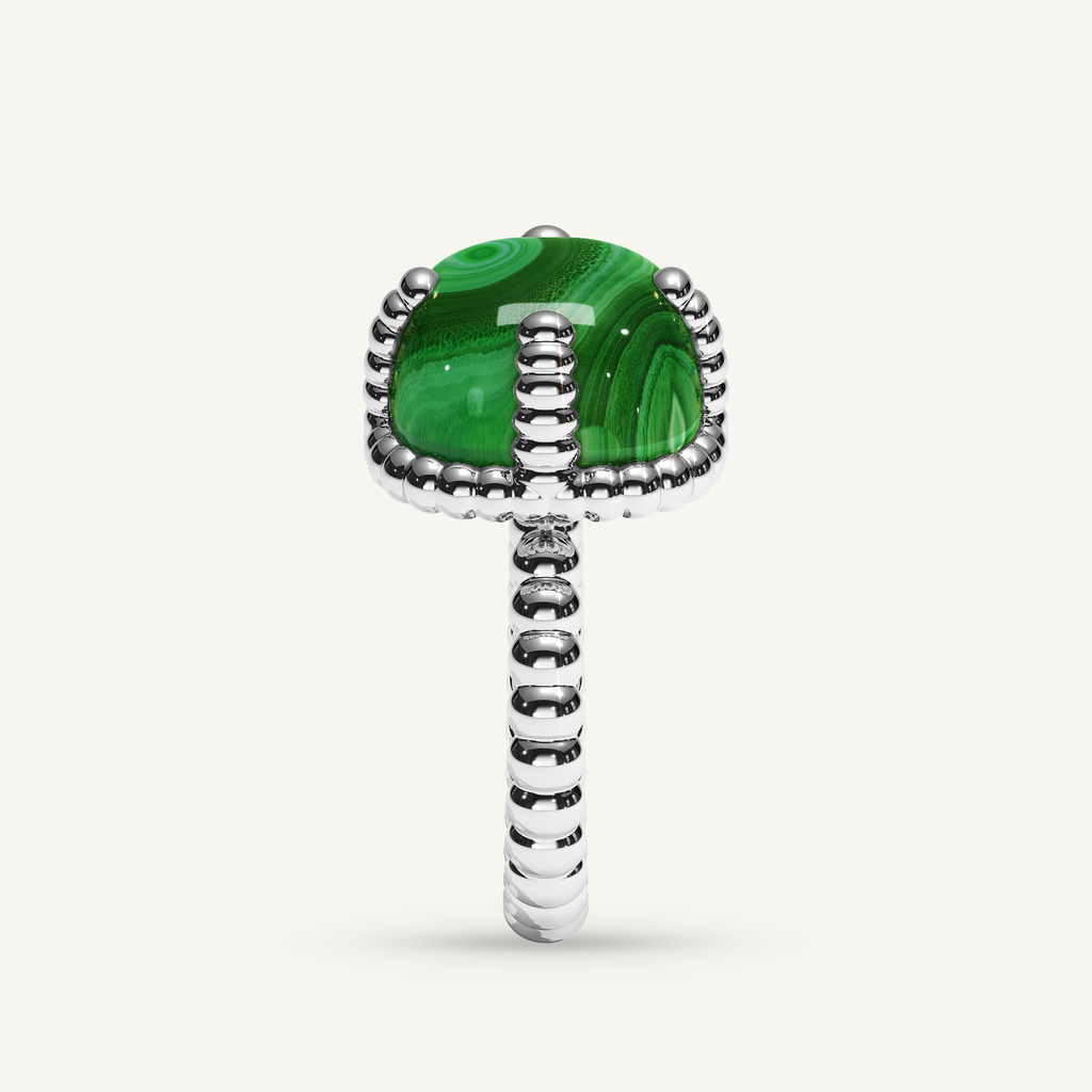 Molekules ring in white gold with cushion-shaped malachite, side view
