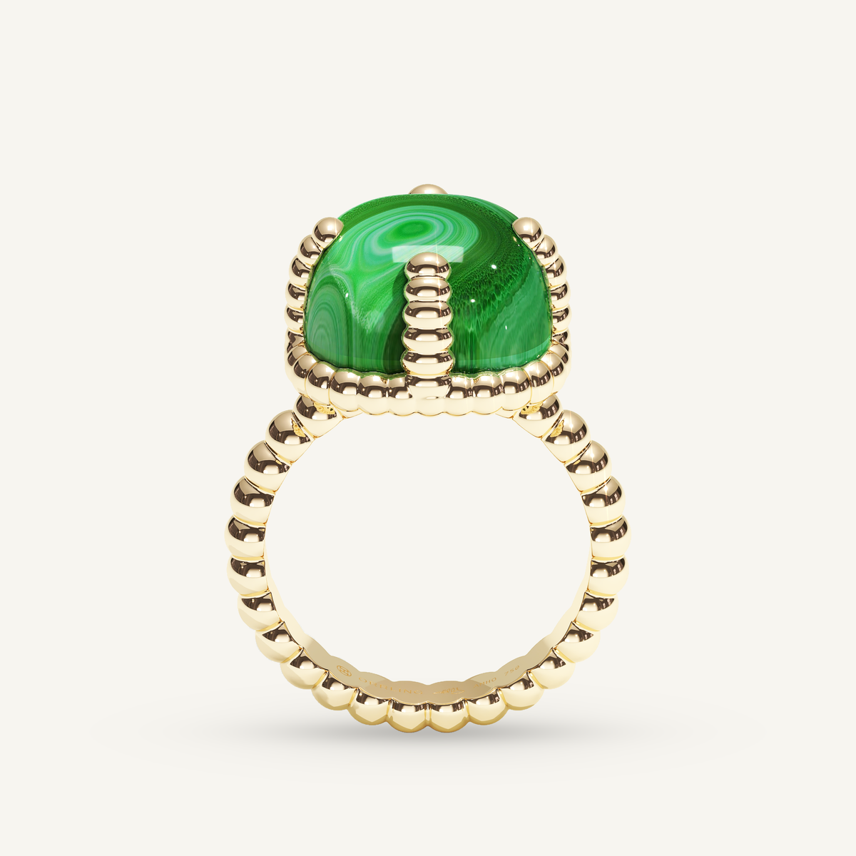 Molekules ring in yellow gold with cushion-shaped malachite, back view