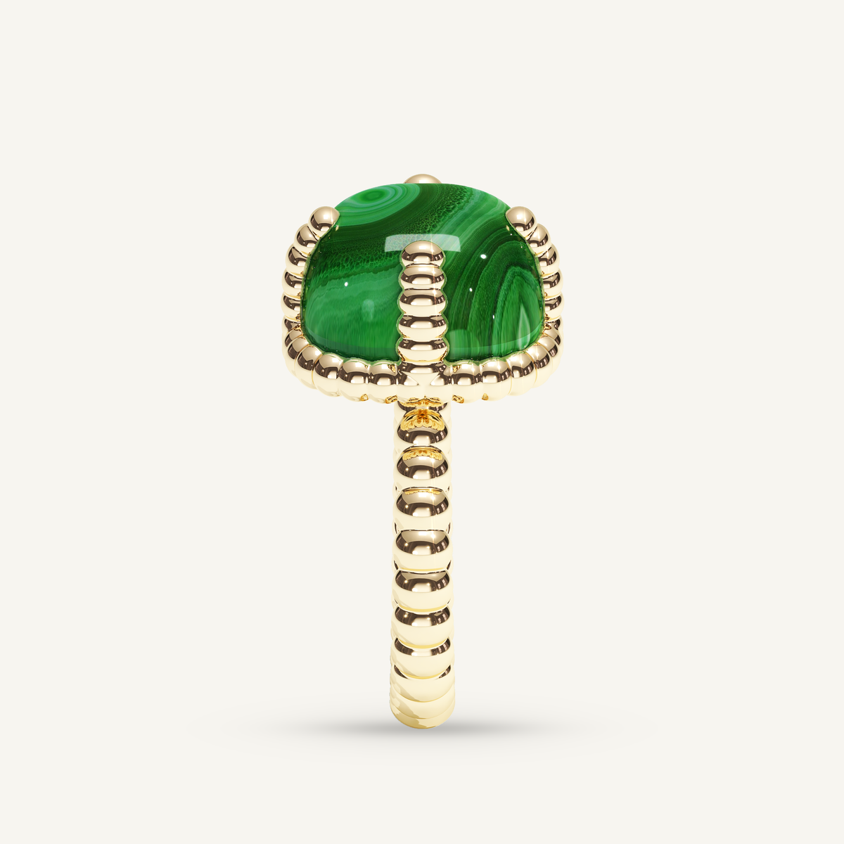 Molekules ring in yellow gold with cushion-shaped malachite, side view