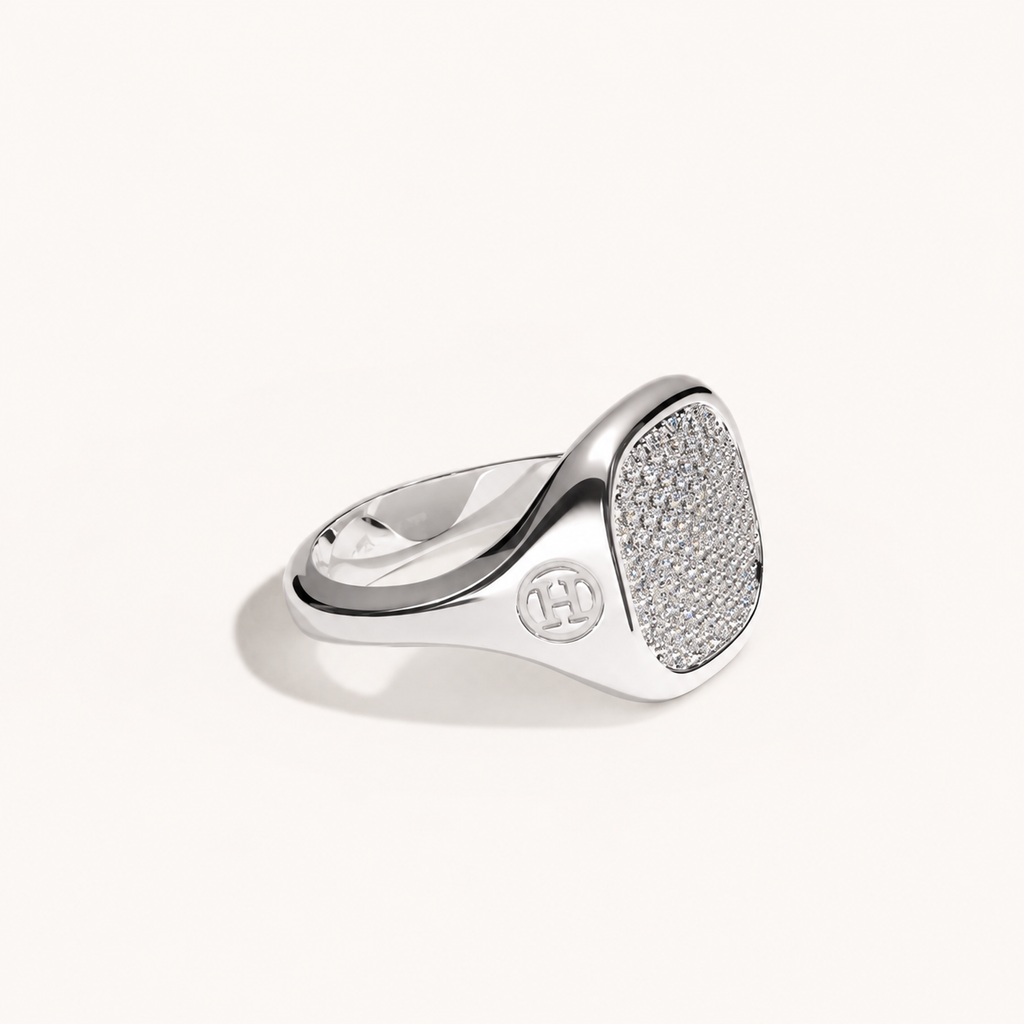 Monogram Signet Pavé Ring in 18k white gold with diamonds – three-quarter view