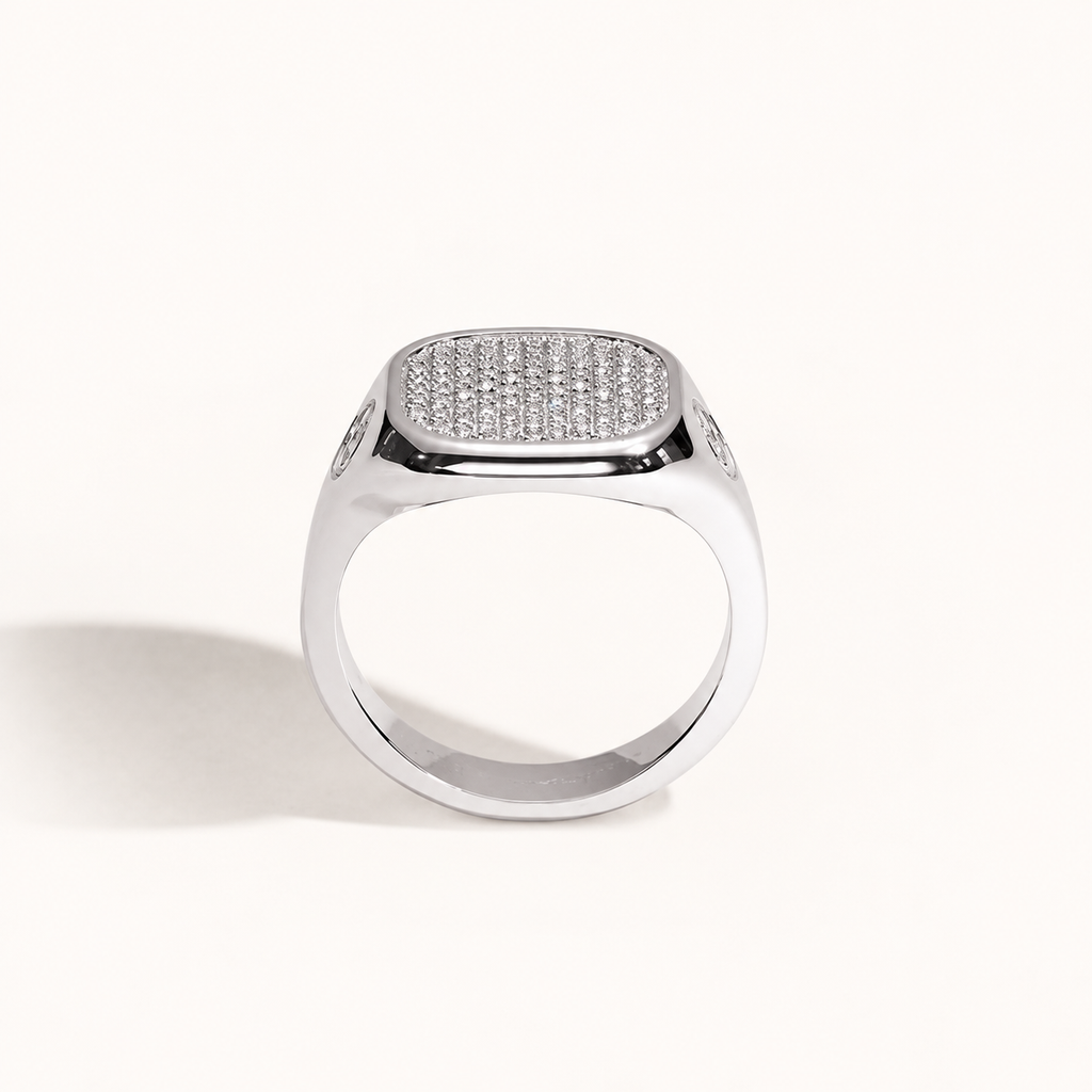 Monogram Signet Pavé Ring in 18k white gold with diamonds – rear view