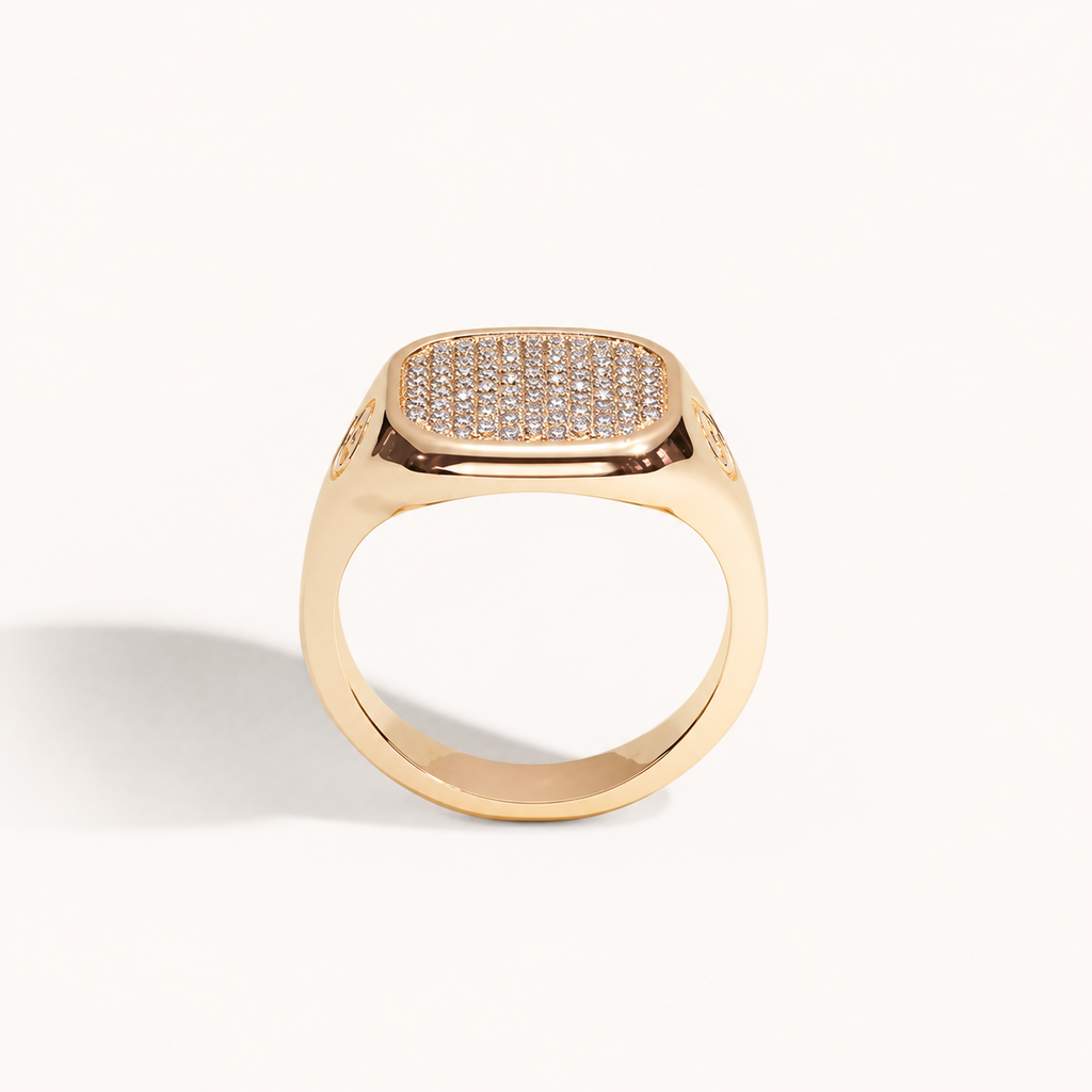 Monogram Signet Pavé Ring in 18k yellow gold with diamonds – rear view
