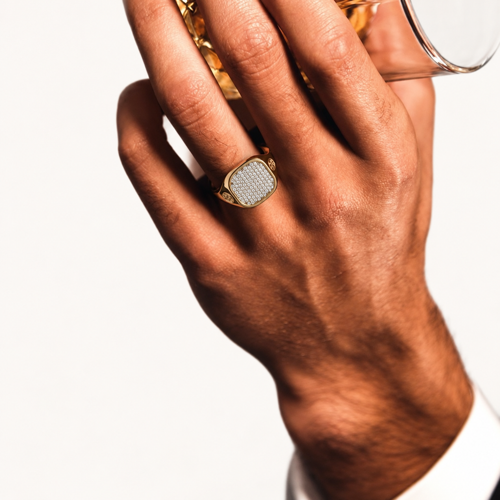 Monogram Signet Pavé Ring in 18k yellow gold with diamonds – worn on hand