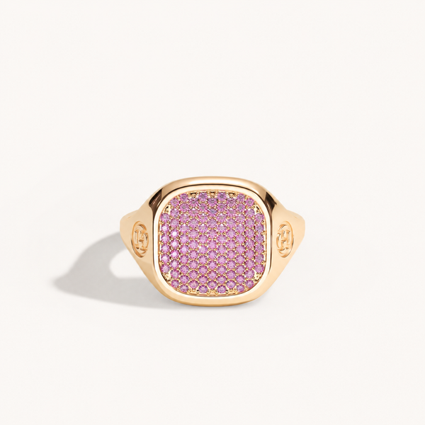 Monogram Signet Pavé Ring in 18k rose gold with pink sapphires – front view