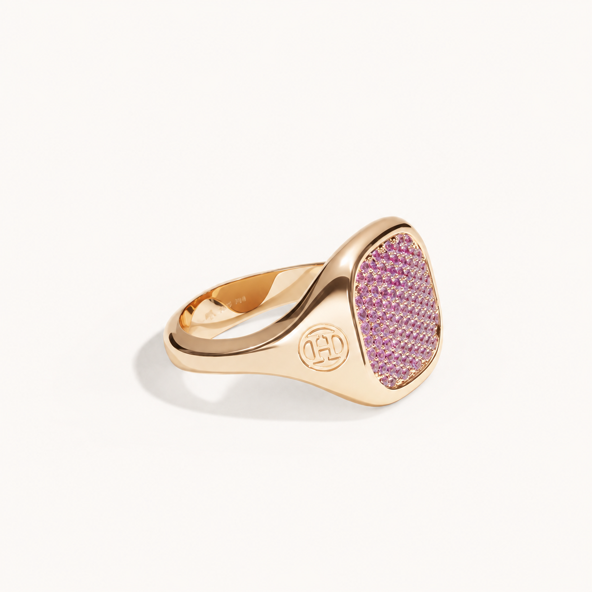 Monogram Signet Pavé Ring in 18k rose gold with pink sapphires – three-quarter view