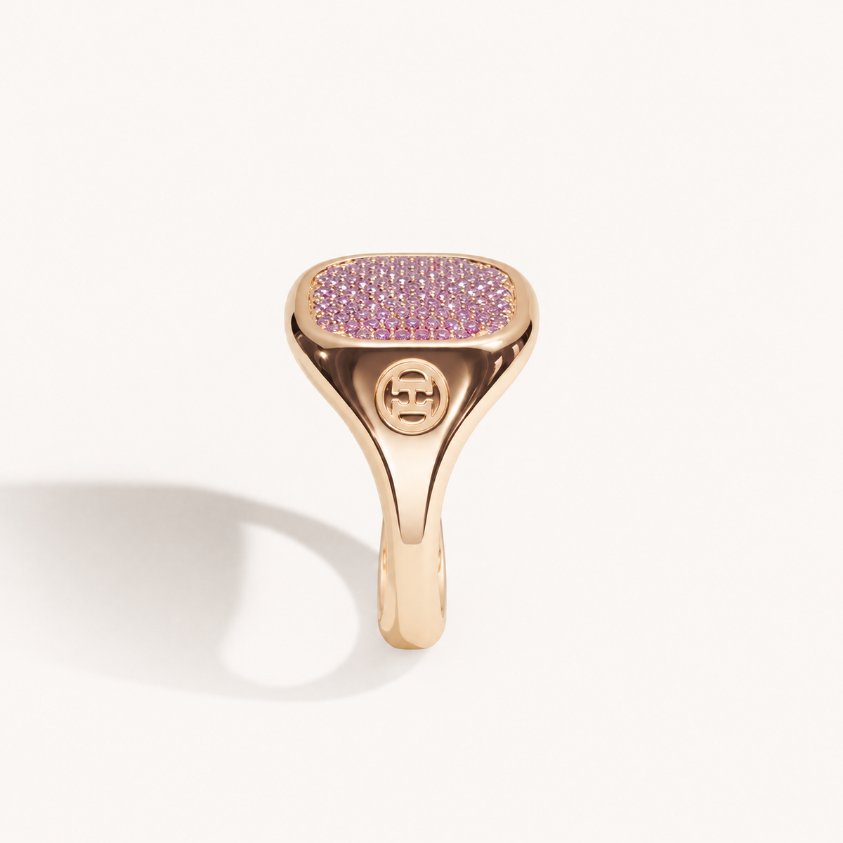 Monogram Signet Pavé Ring in 18k rose gold with pink sapphires – side view