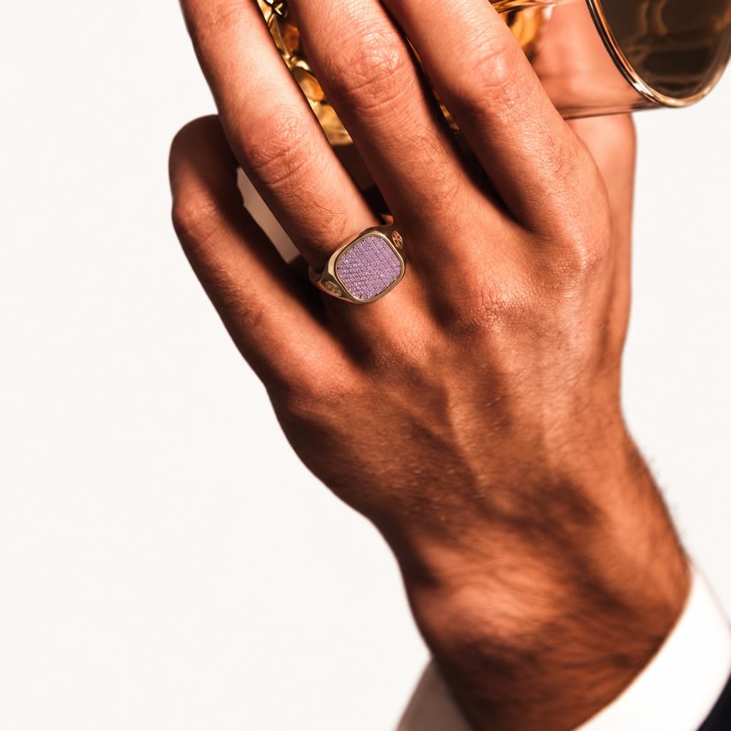 Monogram Signet Pavé Ring in 18k rose gold with pink sapphires – worn on hand