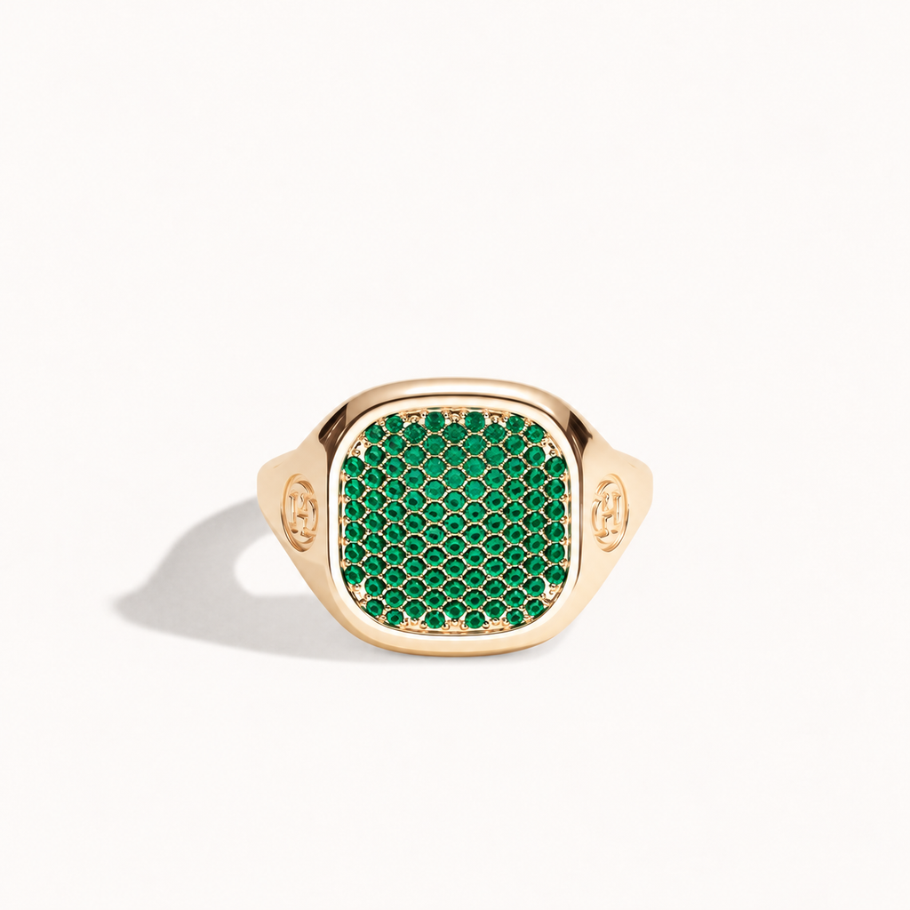 Monogram Signet Pavé Ring in 18k yellow gold with tsavorites – front view