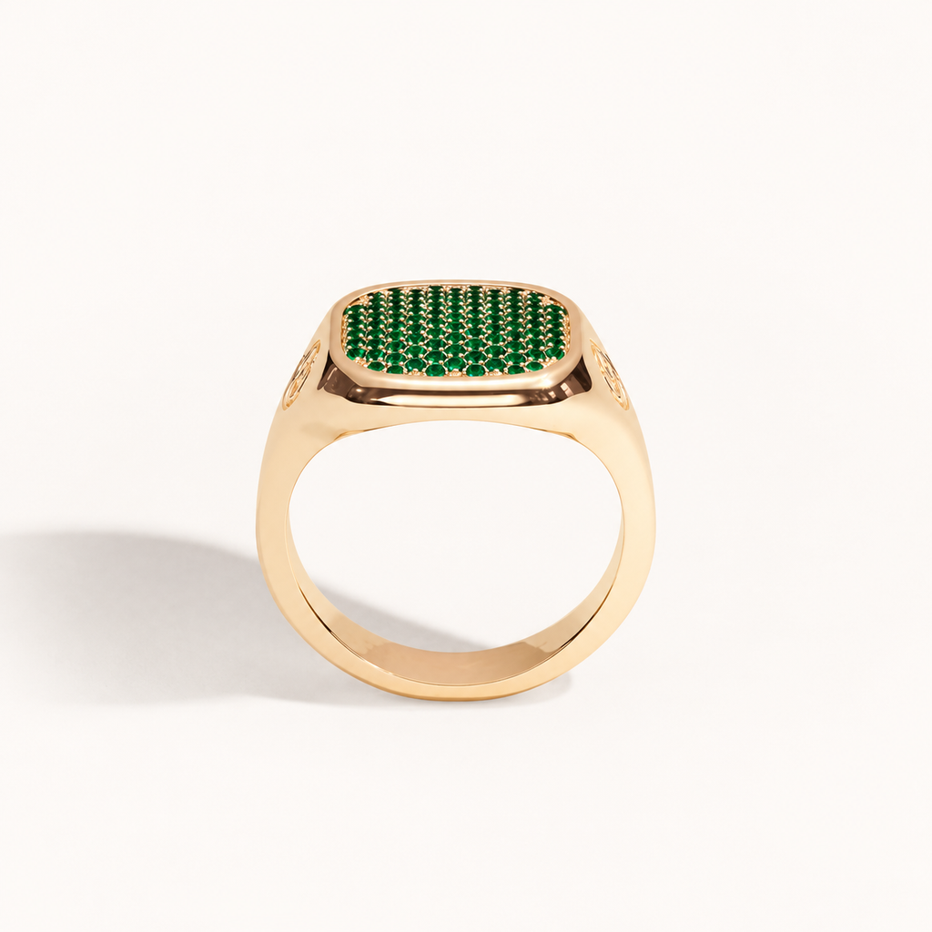 Monogram Signet Pavé Ring in 18k yellow gold with tsavorites – rear view