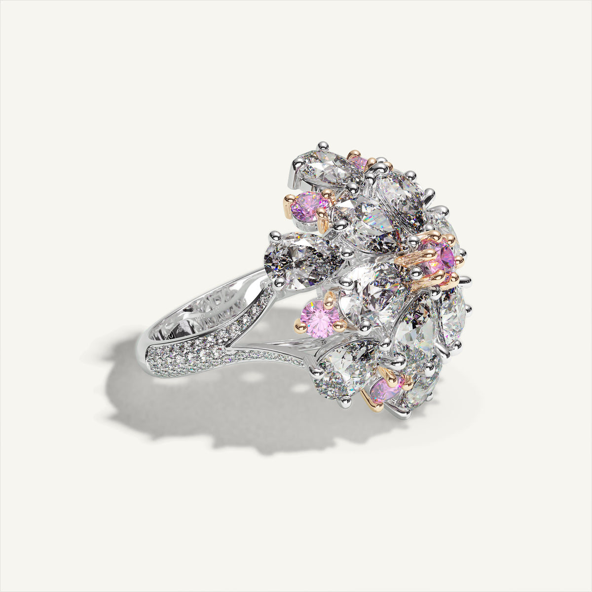 Ombrelle Barocco Diamond & Pink Sapphire Ring — three-quarter view