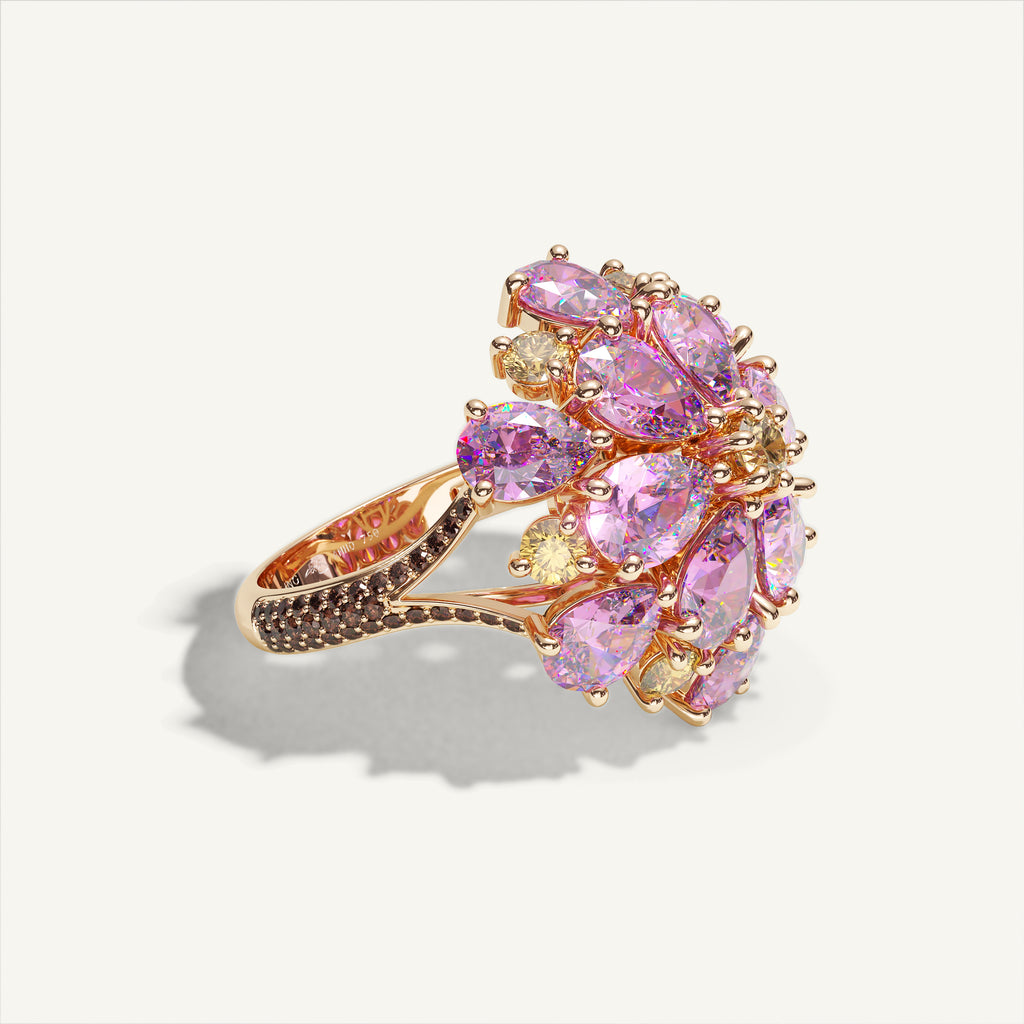 Ombrelle Barocco Pink Sapphire & Yellow Diamond Ring — three-quarter view