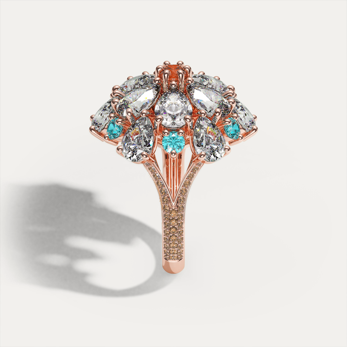 Ombrelle Barocco rose gold, mandarin garnet and Paraíba tourmaline — side view
