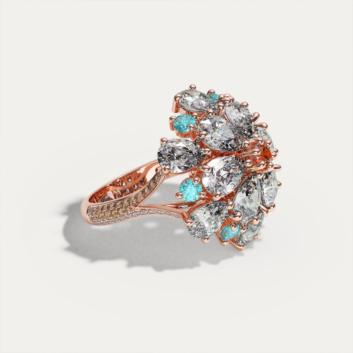 Ombrelle Barocco rose gold, mandarin garnet and Paraíba tourmaline — three-quarter view