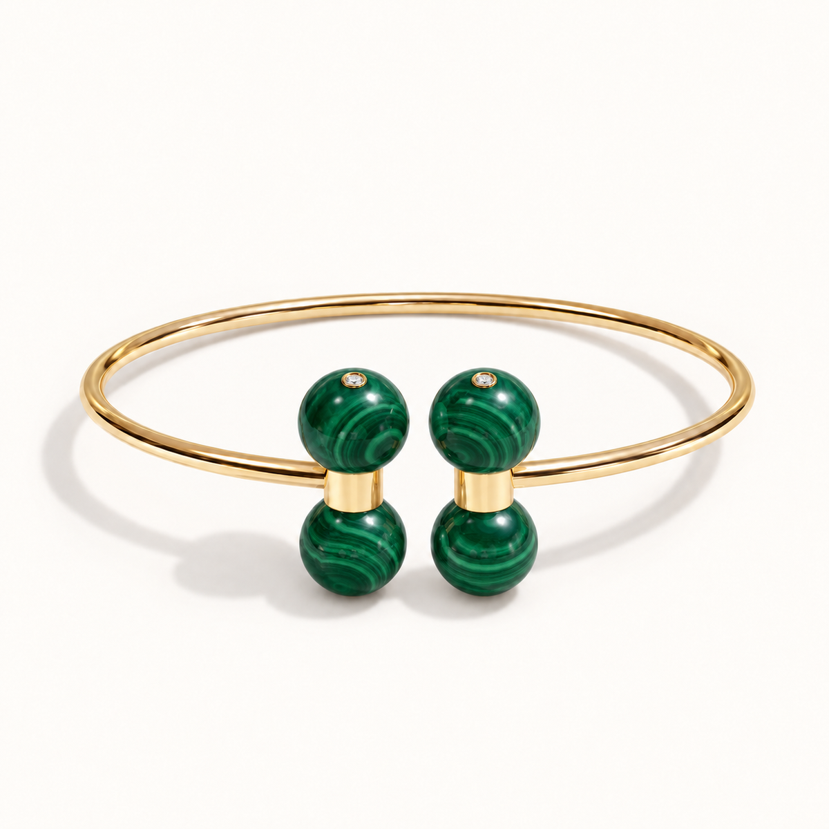 Barbelle Couple Bangle in 18K yellow gold with Malachite and bezel-set diamond accents
