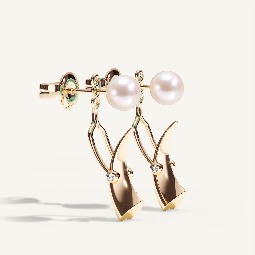 Griffe Back Drop Earrings in 18K rose gold with white Akoya pearls and diamonds — view 1