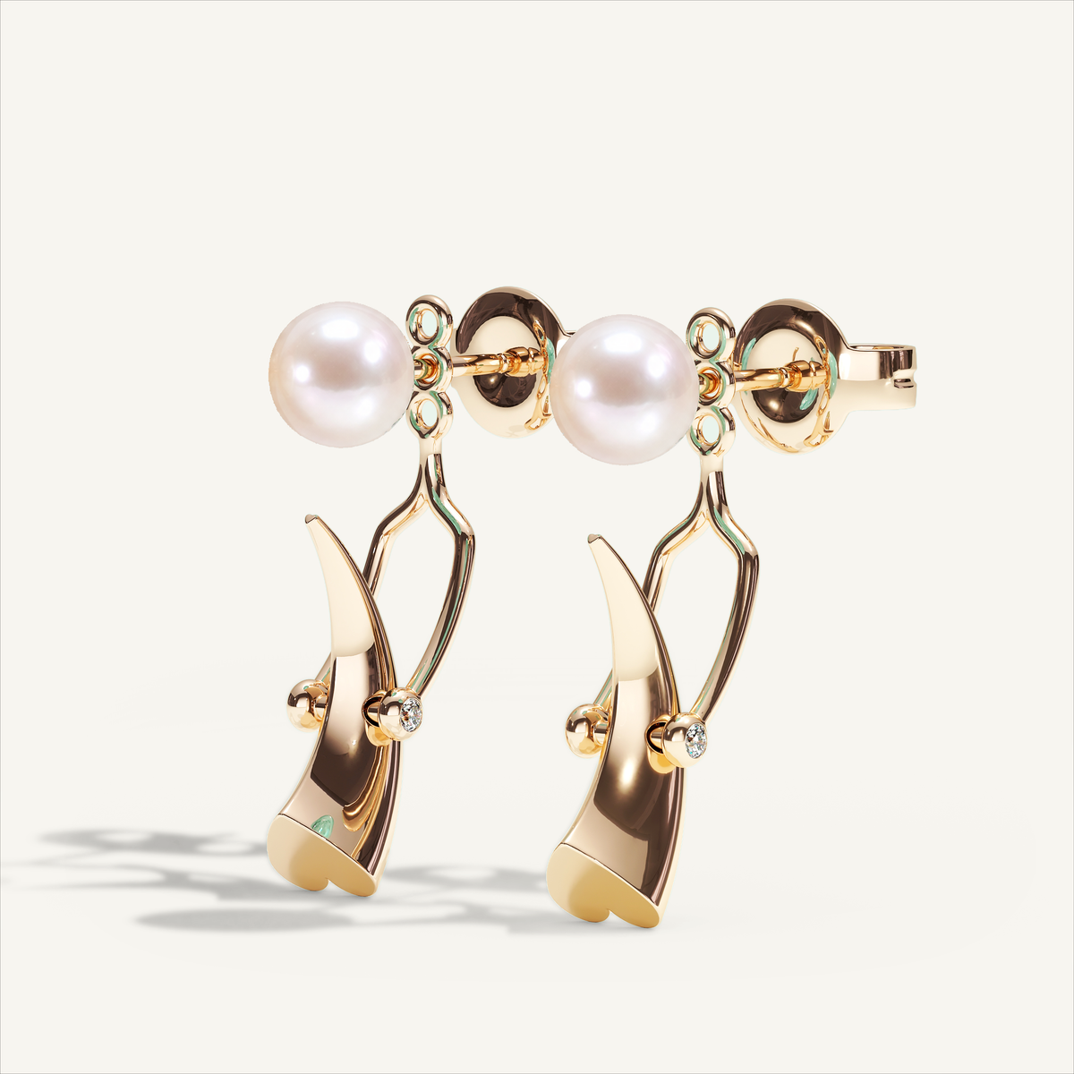 Griffe Back Drop Earrings in 18K rose gold with white Akoya pearls and diamonds — view 2