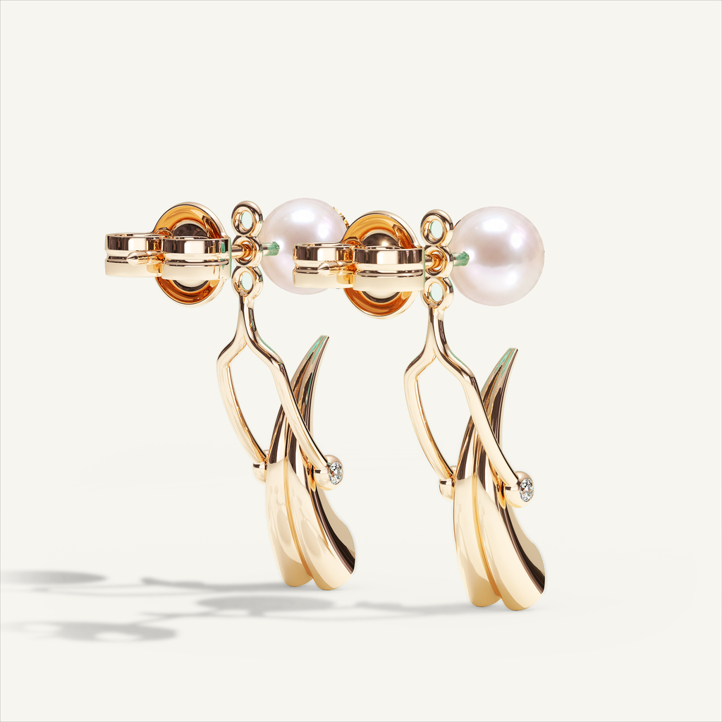 Griffe Back Drop Earrings in 18K rose gold with white Akoya pearls and diamonds — rear view