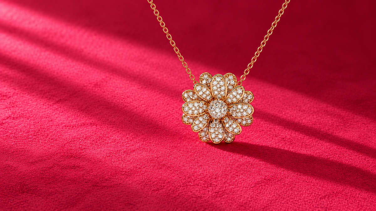 Orrling necklaces on Hot Pink Alcantara with hard side lighting
