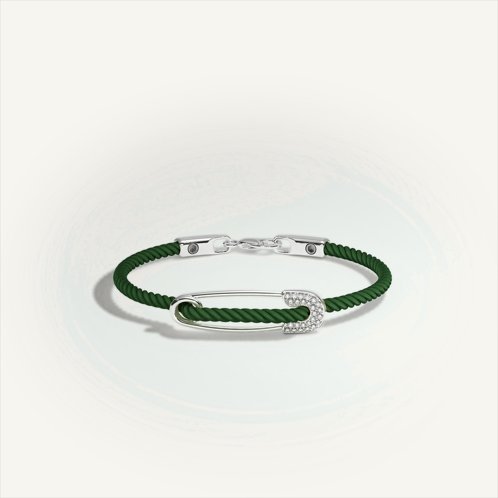 DEEP TEAL Rebel Pin Chord Bracelet — 18K White Gold · Diamond Pavé, Green cord