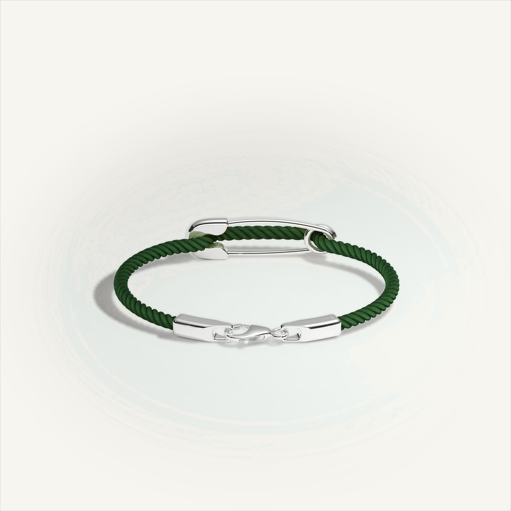 DEEP TEAL Rebel Pin Chord Bracelet — 18K White Gold · Diamond Pavé, Green cord
