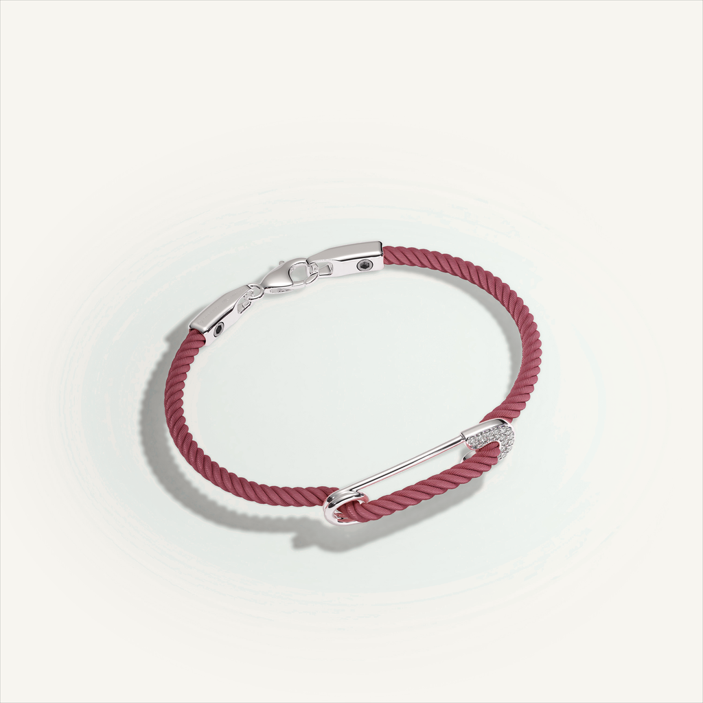 DEEP TEAL Rebel Pin Chord Bracelet — 18K White Gold · Diamond Pavé, Burgundy cord