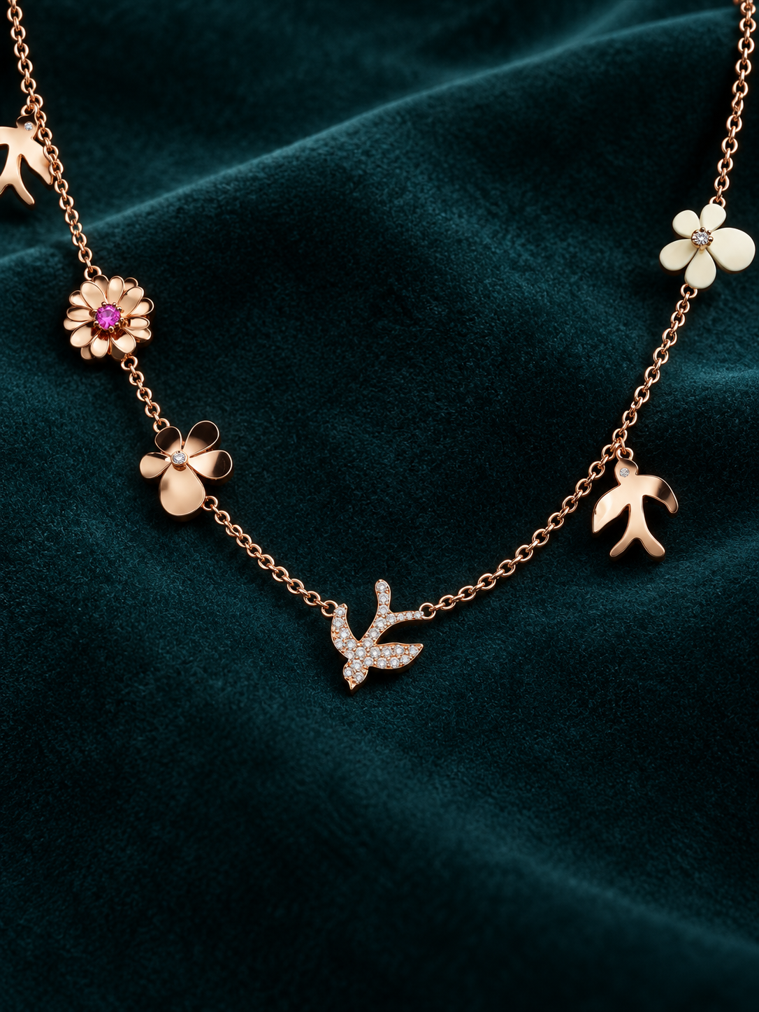 Little Nomad Rite of Spring rose gold necklace on deep teal velvet